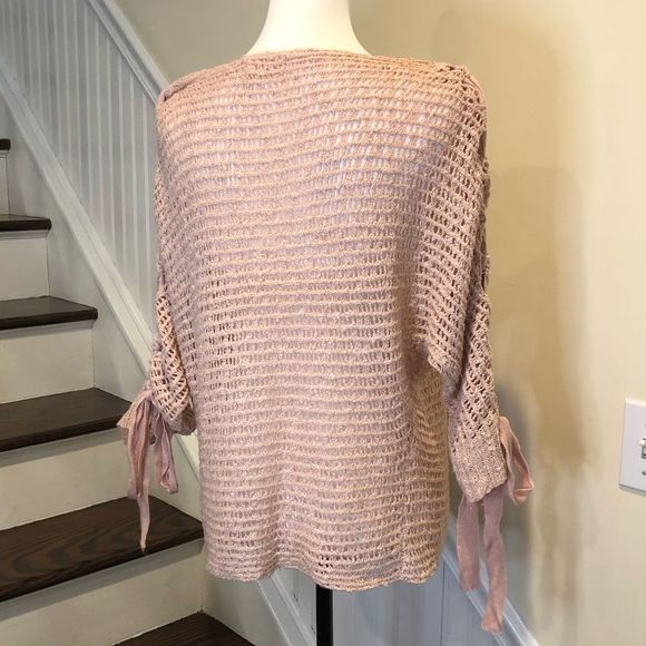 DREAMER Pink Open Knit Lace Up Sleeves With Bows Sz Small - Picture 4 of 12